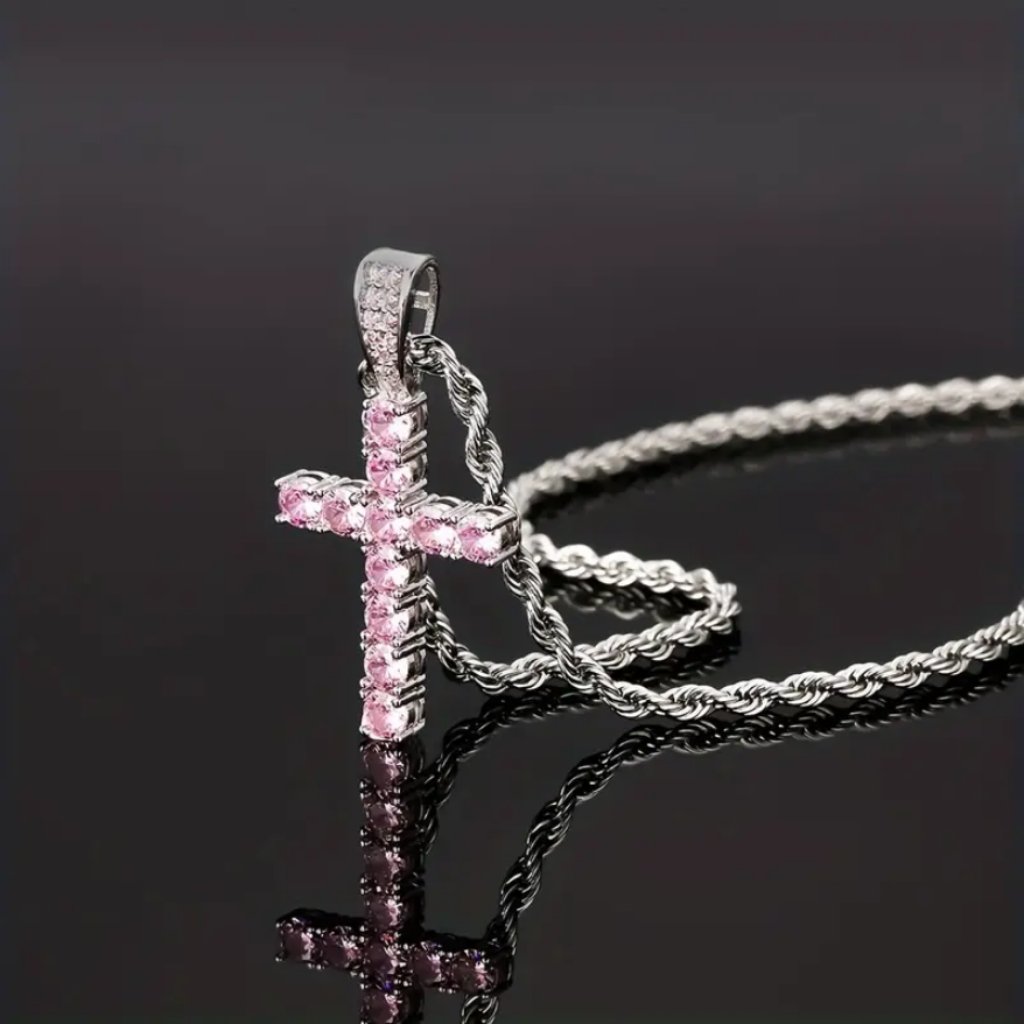 14k White Gold Mens 2ct Pink Sapphire Gemstone 1ct Diamond Cross Necklace New 24